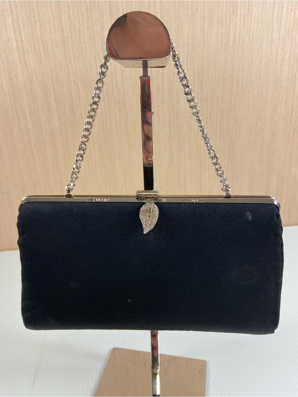 Black Evening Clutch with Silver Leaf Accent